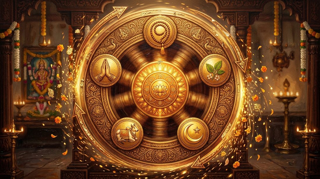 An ornate golden temple flywheel spinning, the five services around its rim